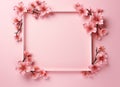 Beautiful pink hydrangea flowers, white wooden photo frames on pink background top view flat lay copy space. Flower card Royalty Free Stock Photo