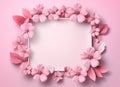 Beautiful pink hydrangea flowers, white wooden photo frames on pink background top view flat lay copy space. Flower card Royalty Free Stock Photo