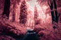 Beautiful pink infrared view into a forest with misty light created with generative AI technology