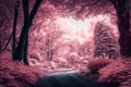 Beautiful pink infrared view into a forest with misty light created with generative AI technology