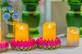 Beautiful pink kratong lotus with yellow candle and fire flame. Conccept for loy kratongs festival celebrated in Thailand. Royalty Free Stock Photo