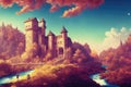 a beautiful pink landscape colorful castle illustration, draw in anime style, ai generated image