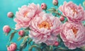 Beautiful pink large flowers peonies on a lightblue turquoise background