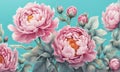 Beautiful pink large flowers peonies on a lightblue turquoise background