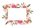 Beautiful pink lily floral photo frame. Bouquet of flowers. Floral print. Marker drawing.