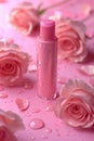 Beautiful pink lipstick and pink rose flowers with water drops on pink background Royalty Free Stock Photo