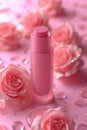 Beautiful pink lipstick and pink rose flowers with water drops on pink background Royalty Free Stock Photo