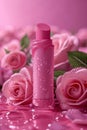 Beautiful pink lipstick and pink rose flowers with water drops on pink background