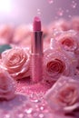 Beautiful pink lipstick and pink rose flowers with water drops on pink background Royalty Free Stock Photo