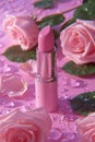 Beautiful pink lipstick and pink rose flowers with water drops on pink background Royalty Free Stock Photo