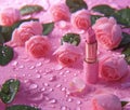 Beautiful pink lipstick and pink rose flowers with water drops on pink background Royalty Free Stock Photo