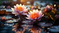 A beautiful pink lotus flower floats on tranquil pond generated by AI Royalty Free Stock Photo