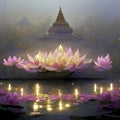 Beautiful pink lotus flower in the pond with reflection on water Generative AI Royalty Free Stock Photo