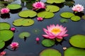 Beautiful pink lotus water lily flowers blooming on pond, Zen lotus flower on water Royalty Free Stock Photo