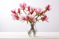 Beautiful pink magnolia flowers bouquet. Large magnolia branches in matt glass vase on light background. Spring blossom