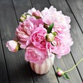 Beautiful pink peony bouquet in vase top view