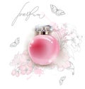 Beautiful pink perfume bottle with a delicate Apple flowers and butterflies. 3D illustration. Vector Royalty Free Stock Photo