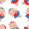 Beautiful pink pig in a dress with a bow on a white background print for children`s textiles. Seamless pattern vector stock Royalty Free Stock Photo