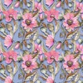 Beautiful pink poppy flowers leaves on gray background. Seamless floral pattern. Watercolor painting. Royalty Free Stock Photo