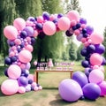 pink purple balloon arch, balloons in shape of frame, outdoors girl birthday party, decorations, cake on candybar