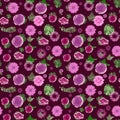 Beautiful pink and purple flowers and green leaves in a repeating pattern Royalty Free Stock Photo