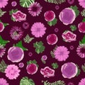 Beautiful pink and purple flowers and green leaves in a repeating pattern Royalty Free Stock Photo