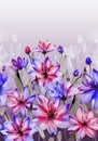 Beautiful pink and purple flowers with green stems and leaves on white background. Seamless floral pattern. Watercolor painting. Royalty Free Stock Photo