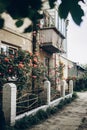 beautiful pink and red roses on white fence at old house in street countryside. provence. floral alley. springtime. space for text Royalty Free Stock Photo