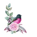 Beautiful pink robin bird eucalyptus floral arrangement. Watercolor illustration. Hand drawn eucalyptus leaves, flower