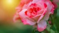 Beautiful pink rose with dark fringing of petals wet after rain. Drops of dew on petals of garden rose against setting sun Royalty Free Stock Photo