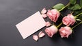 Beautiful pink rose flower bouquet and mockup note paper dark background, congratulations and anniversary concept, Valentine s day