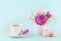 Beautiful pink rose flower and gypsophilla in vase, macaroon and cup of coffee on turquoise vintage table for cozy breakfast. Royalty Free Stock Photo