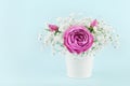 Beautiful pink rose flower and gypsophilla in white vase on turquoise vintage table. Royalty Free Stock Photo