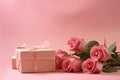 Beautiful pink rose flowers and present. Romantic gift wallpaper with space for text. Light gentle pink color bouquet