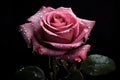 Beautiful pink rose with water drops on black background, closeup, a pink rose with drops of water on it\'s petals and a dark Royalty Free Stock Photo