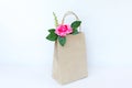 Beautiful pink roses in brown paper bag isolated on the white b Royalty Free Stock Photo