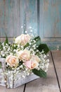 Beautiful pink roses and gypsophila paniculata (Baby's-breath fl Royalty Free Stock Photo