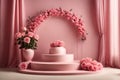 3D realistic products presented on a podium with colorful flowers and pink circular geometry on a green pastel background. Mock