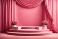 3D realistic products presented on a podium with colorful flowers and pink circular geometry on a green pastel background. Mock