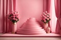 3D realistic products presented on a podium with colorful flowers and pink circular geometry on a green pastel background. Mock