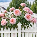 Beautiful pink roses on white picket fence in summer garden Royalty Free Stock Photo
