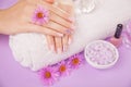 Beautiful pink and silver manicure with flowers and spa essentials Royalty Free Stock Photo