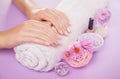 Beautiful pink and silver manicure with flowers and spa essentials Royalty Free Stock Photo