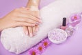 Beautiful pink and silver manicure with flowers and spa essentials Royalty Free Stock Photo