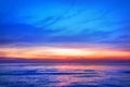 Beautiful pink sunset, blue sky, purple sea background, blurred watercolor sunrise, quiet ocean beach landscape, peaceful morning Royalty Free Stock Photo