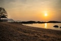 Beautiful pink sunset over sea on the beach with palm leaves, background Royalty Free Stock Photo