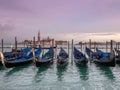 Beautiful and pink sunset from San Marco square, Venice, Italy, and the gondolas in the foreground Royalty Free Stock Photo