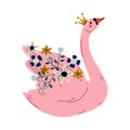 Beautiful Pink Swan Princess with Golden Crown and Flowers, Lovely Fairytale Bird Queen Vector Illustration