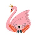 Beautiful Pink Swan Princess with Golden Crown and Flowers, Lovely Fairytale Bird Vector Illustration