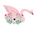 Beautiful Pink Swan Princess with Golden Crown, Lovely Fairytale Bird Decorated with Flowers Vector Illustration